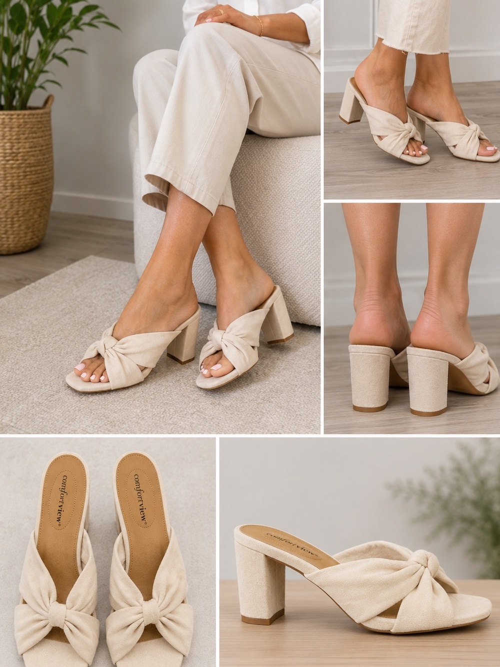 comfortview Cream Knotted Peep-Toe Block Heel Mules